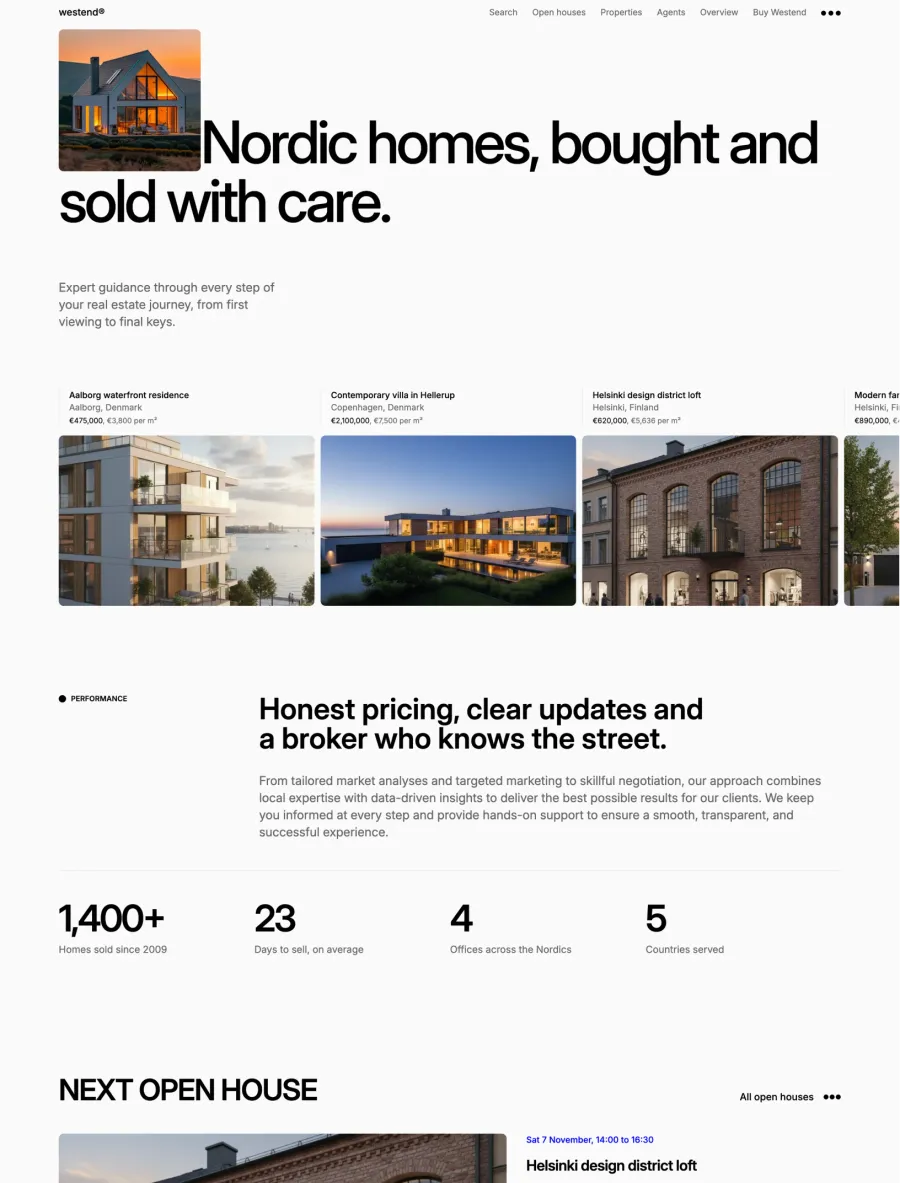 Westend home page with the Nordic homes hero, a listing carousel with price per m², company stats and the next open house