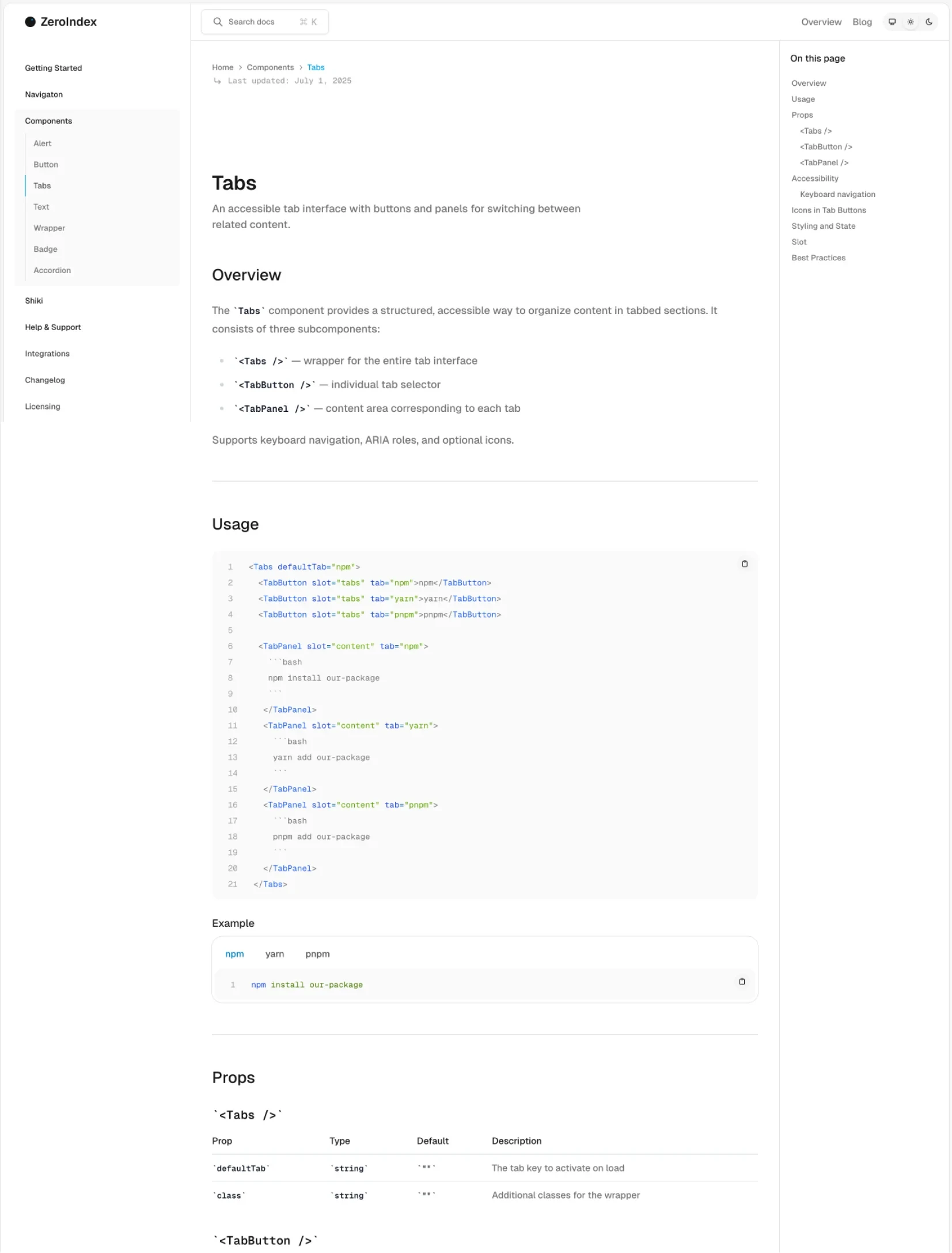 Zeroindex documentation homepage layout