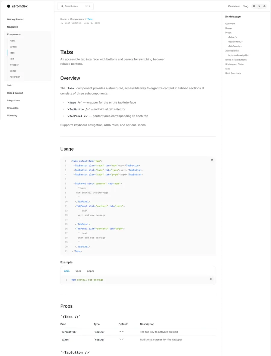 Zeroindex documentation homepage layout