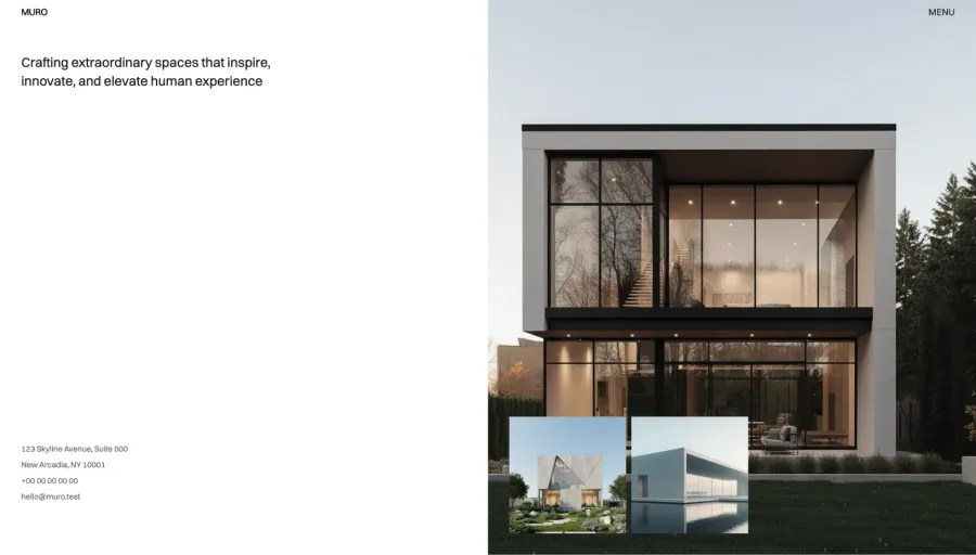 Muro homepage with a split screen hero and two project images
