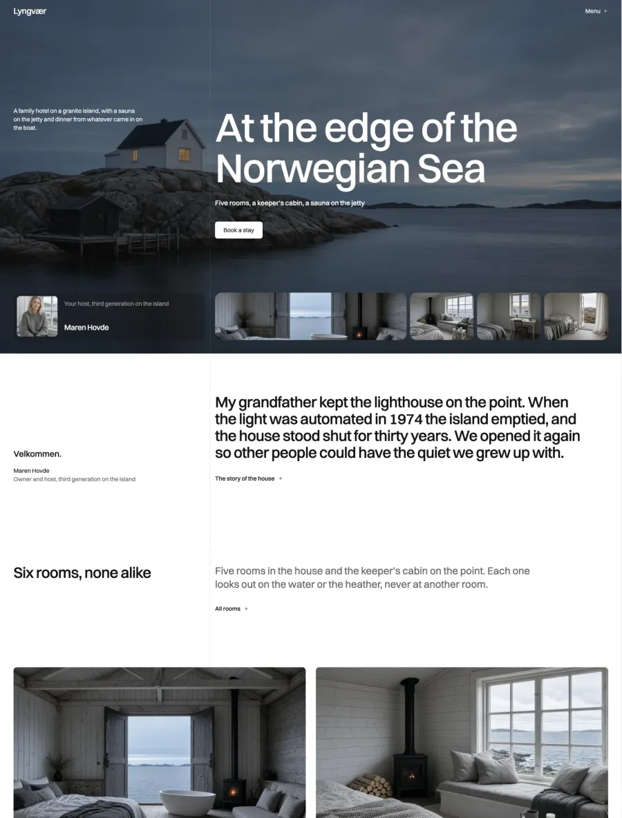 Lyngvær home page hero with the white island house at blue hour, a host card for Maren Hovde and a row of room photos, above a welcome from the host set in large type and the rooms section