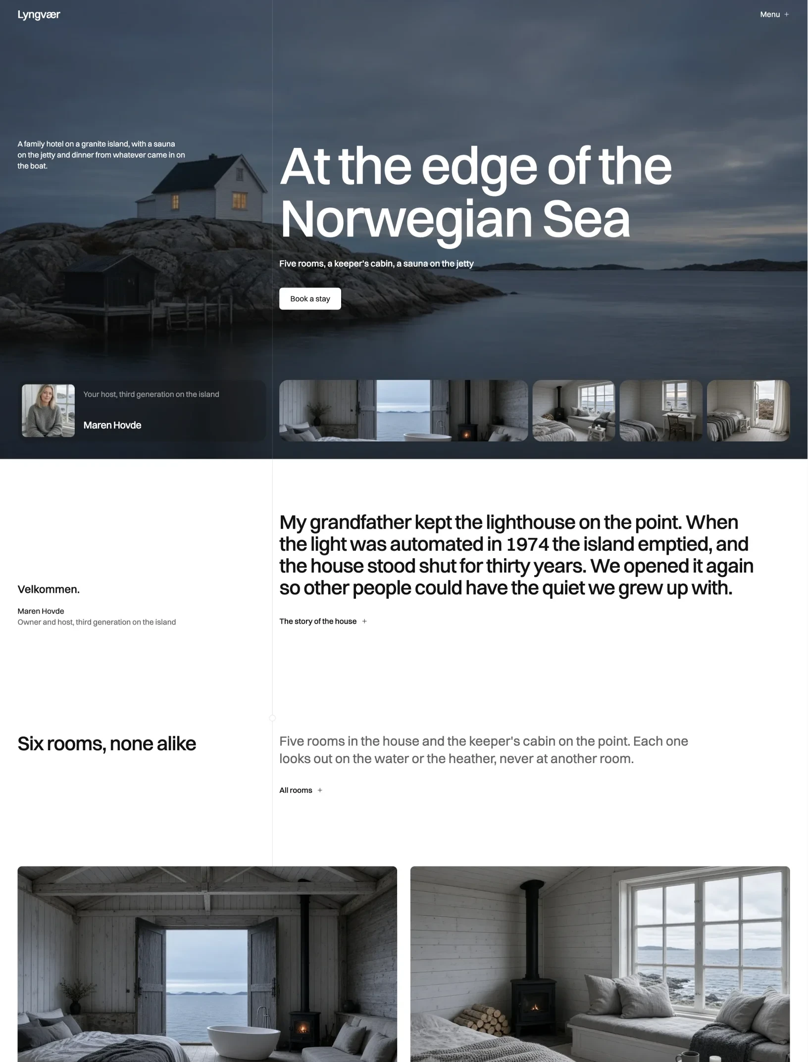 Lyngvær home page hero with the white island house at blue hour, a host card for Maren Hovde and a row of room photos, above a welcome from the host set in large type and the rooms section