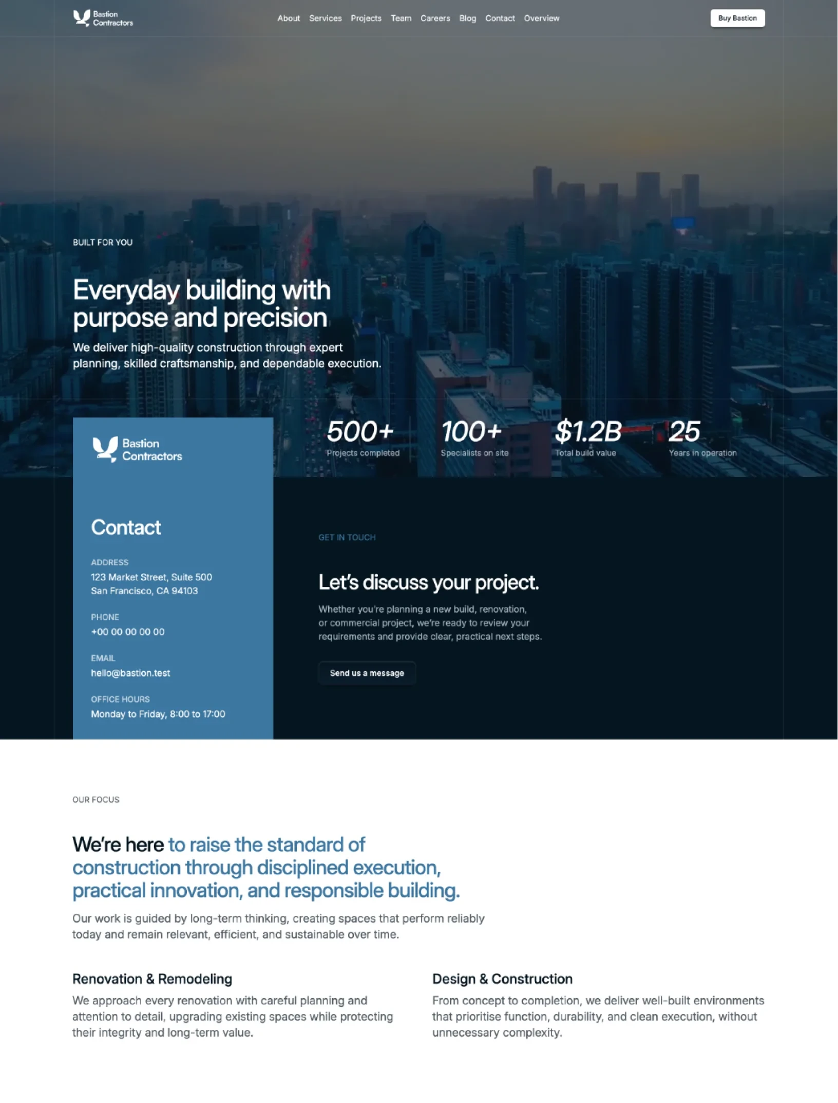 Bastion Contractors homepage with a video hero over a dusk skyline, project stats, a steel blue contact card and the Our focus section