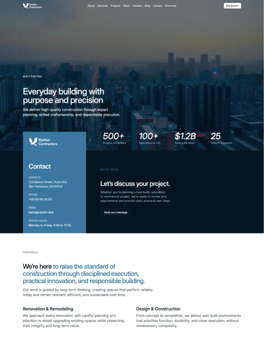 Bastion Contractors homepage with a video hero over a dusk skyline, project stats, a steel blue contact card and the Our focus section