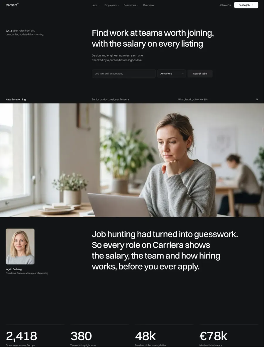 Carriera home with the headline find work at teams worth joining, with the salary on every listing, a job search, a woman working on a laptop and the board's numbers