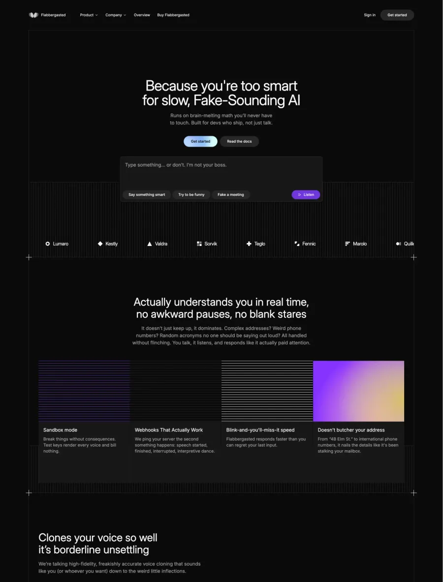 Flabbergasted home with Because you're too smart for slow, fake-sounding AI above a voice playground with prompt chips and a Listen button, the logo cloud and four feature cards from Sandbox mode to addresses