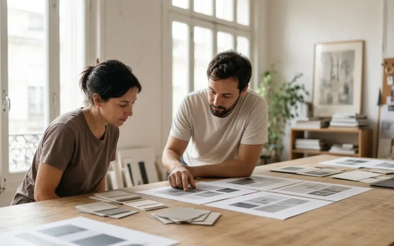 Lucía Ferrer and Pablo Marín reviewing printed page layouts on a long wooden table in their Madrid studio