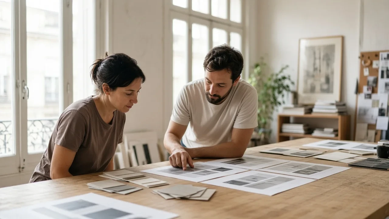 Lucía Ferrer and Pablo Marín reviewing printed page layouts on a long wooden table in their Madrid studio