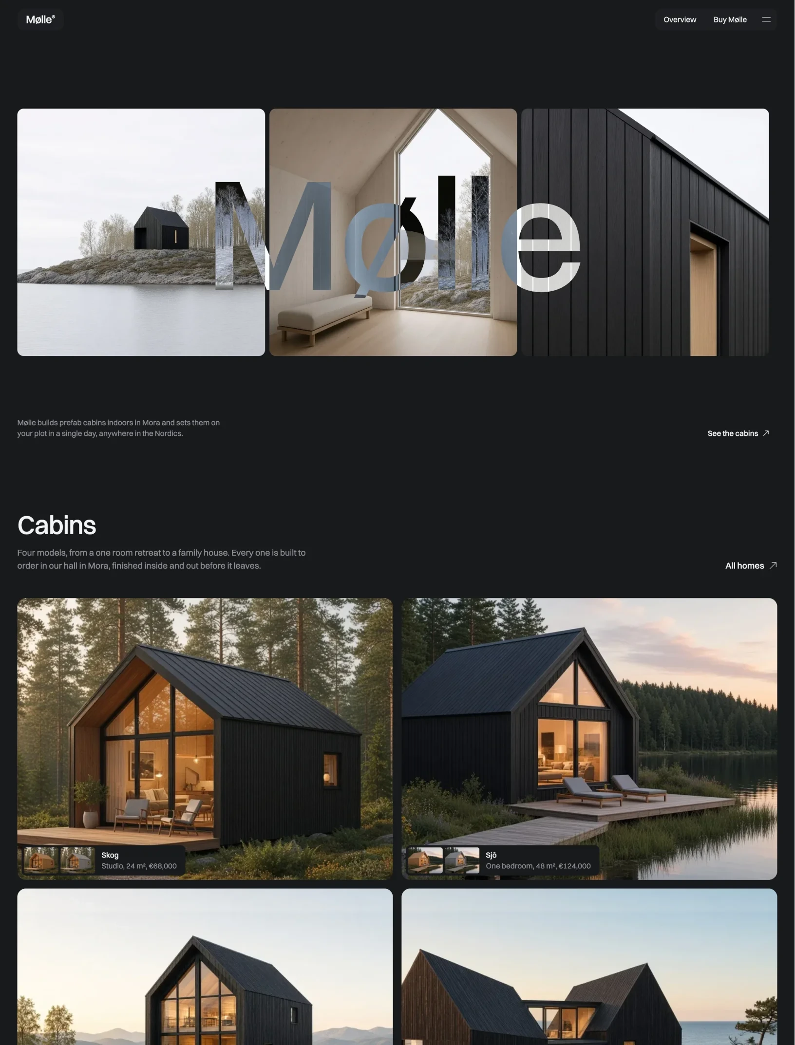 Mølle home page hero with three square cabin photos under a giant Mølle wordmark, above cabin cards with finish swatches