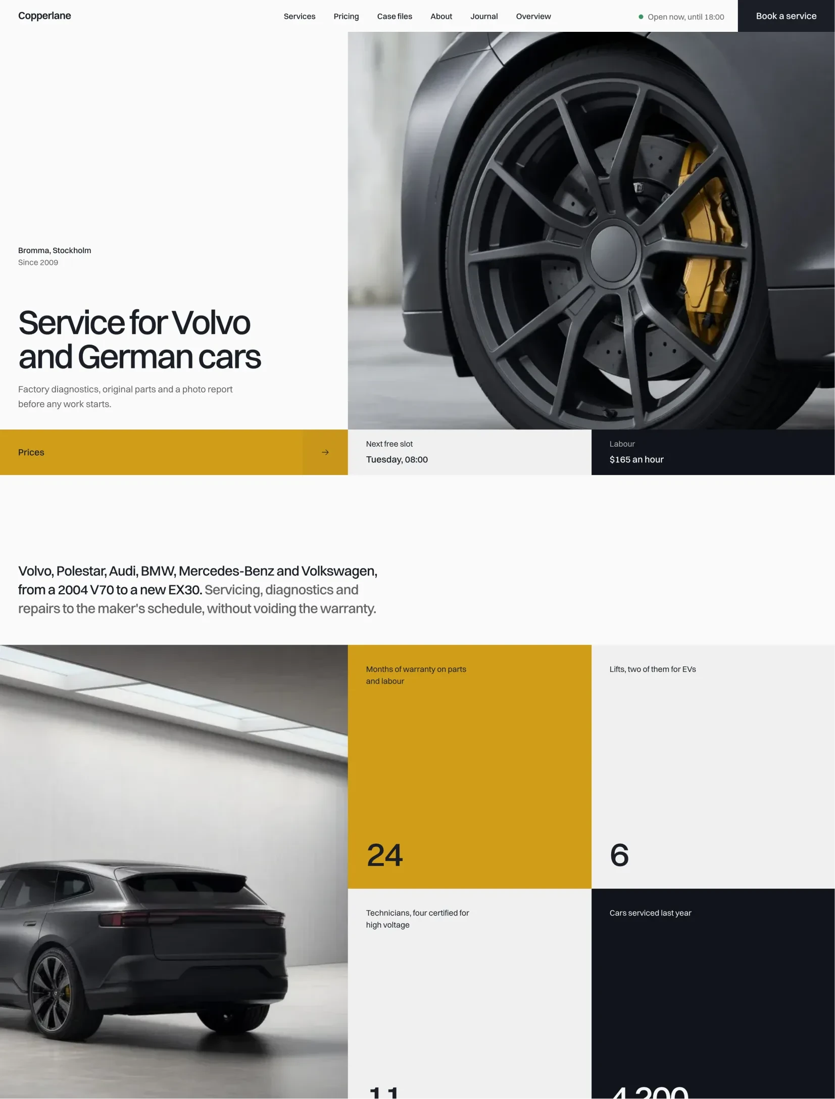 Copperlane home page with a wheel and yellow brake caliper hero and workshop figures