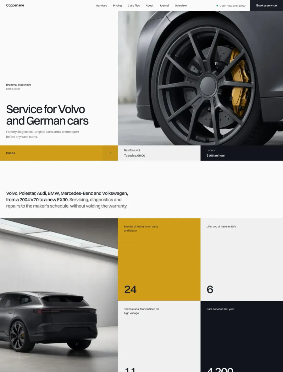 Copperlane home page with a wheel and yellow brake caliper hero and workshop figures