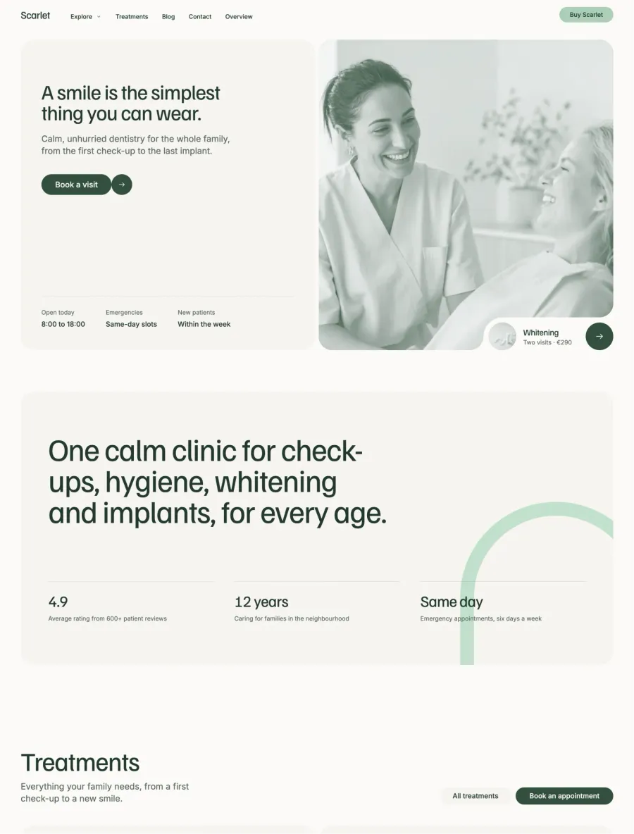Scarlet dental clinic homepage with split hero and clinic stats