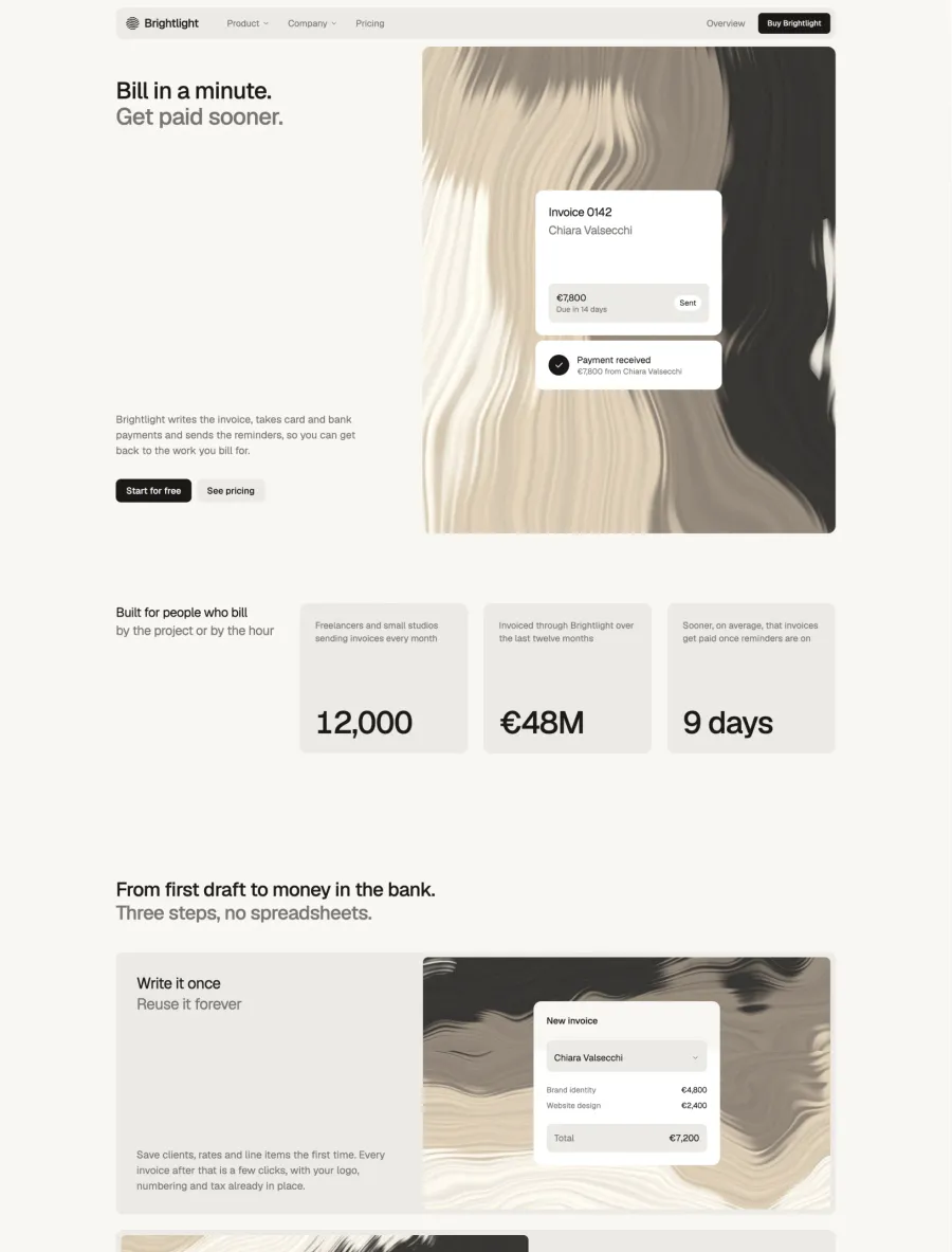 Brightlight homepage with a Bill in a minute headline, a stone shader tile holding an invoice and a payment received card, stats and the first feature row