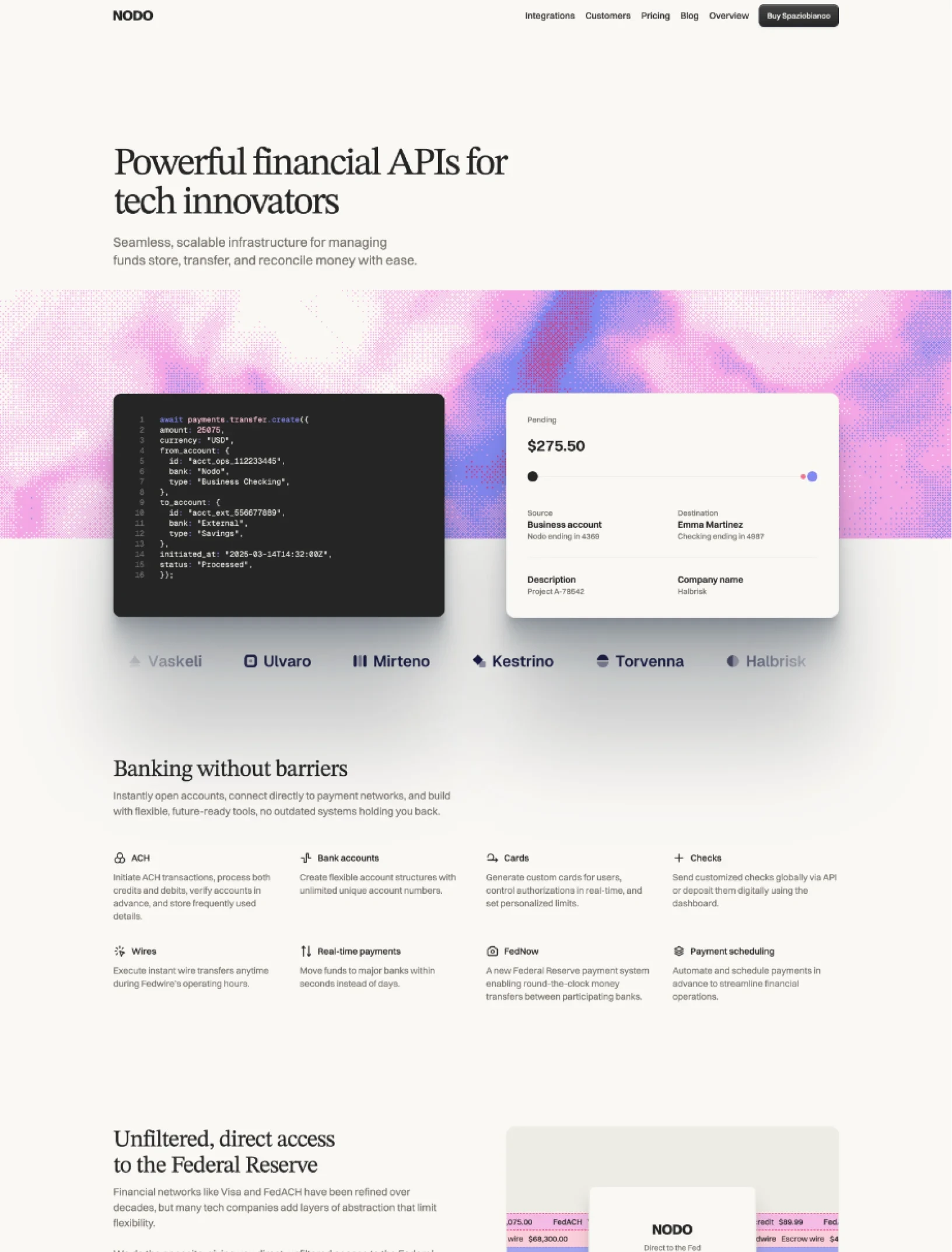 Nodo fintech homepage with a serif hero, dithered pink and periwinkle shader, code sample and transfer card