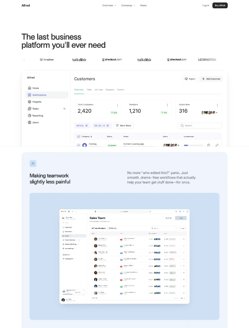 Alfred homepage hero with the dashboard and logo marquee