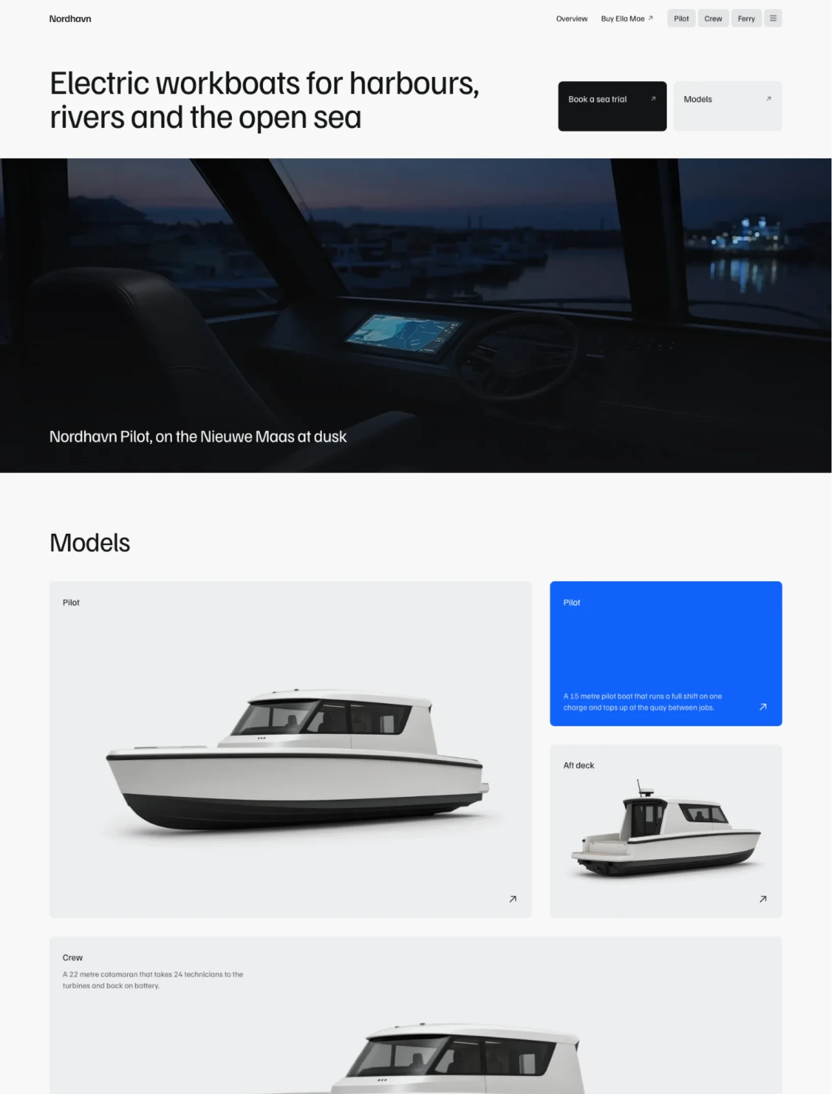 Nordhavn homepage with an electric workboat headline, a wheelhouse photo at dusk and the models grid