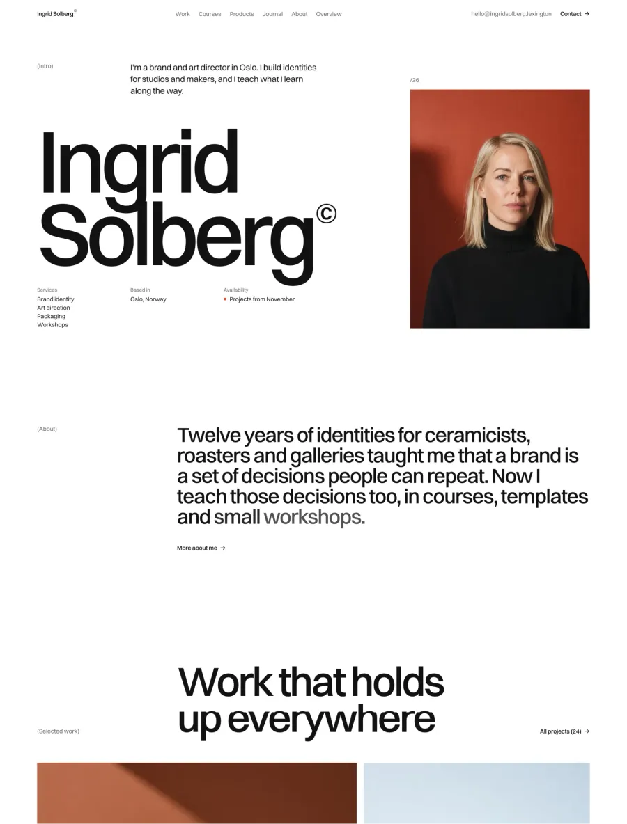 Ingrid Solberg homepage with a huge name, a portrait on red and an intro that fills in as you scroll
