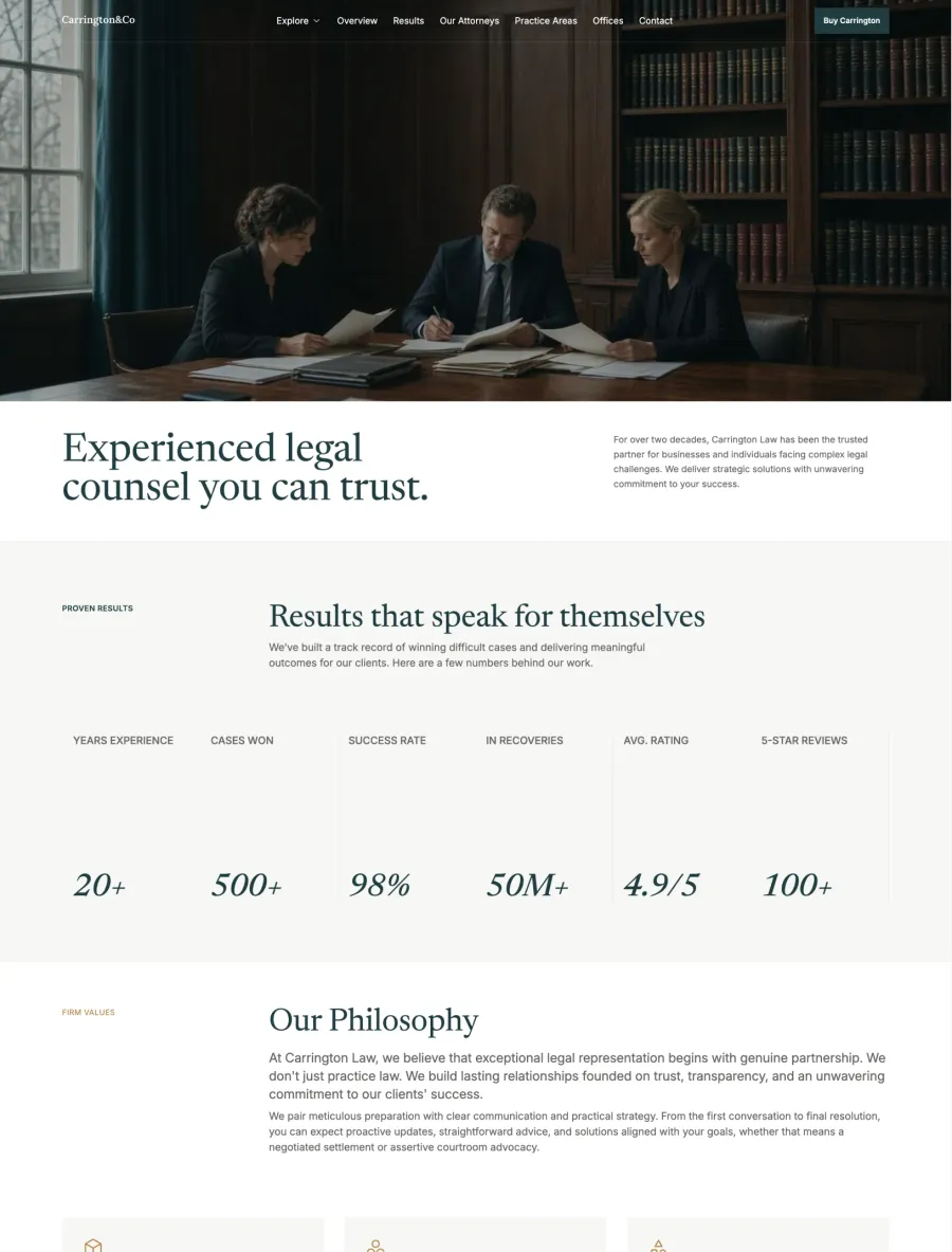 Carrington & Co homepage with a library hero photo, proven results stats and the firm philosophy