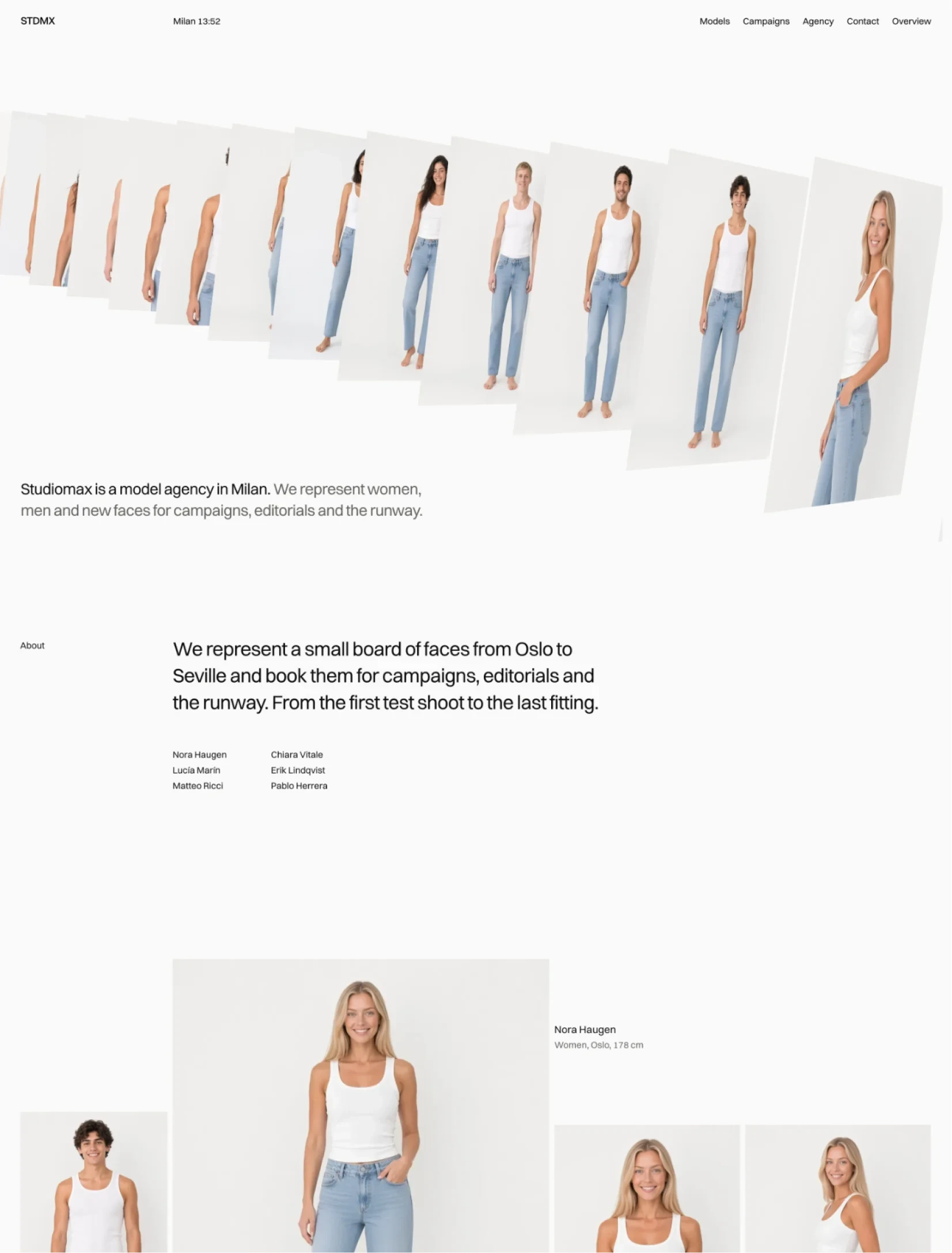 Studiomax home with a 3D row of model portraits in white tanks and jeans, the agency line, and the board of six models with Nora Haugen in front