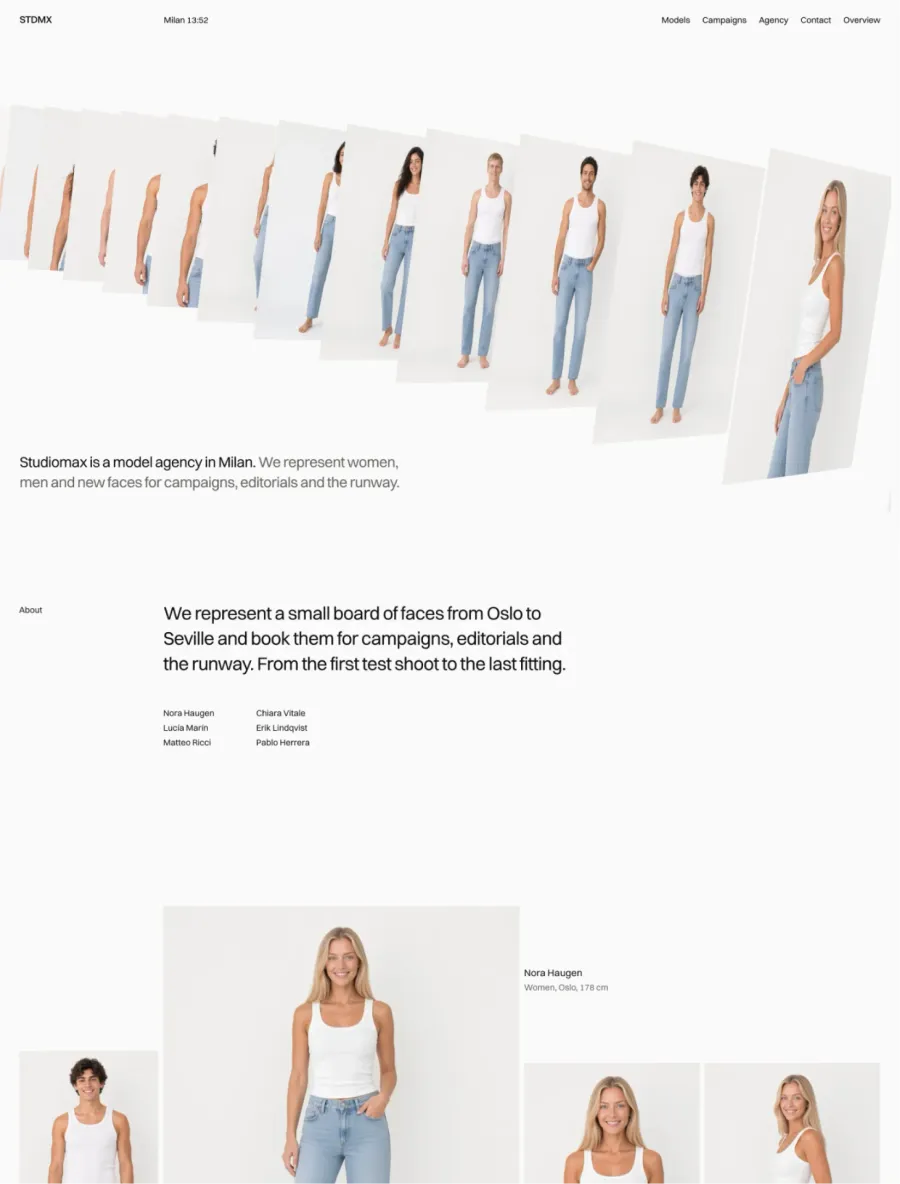 Studiomax home with a 3D row of model portraits in white tanks and jeans, the agency line, and the board of six models with Nora Haugen in front