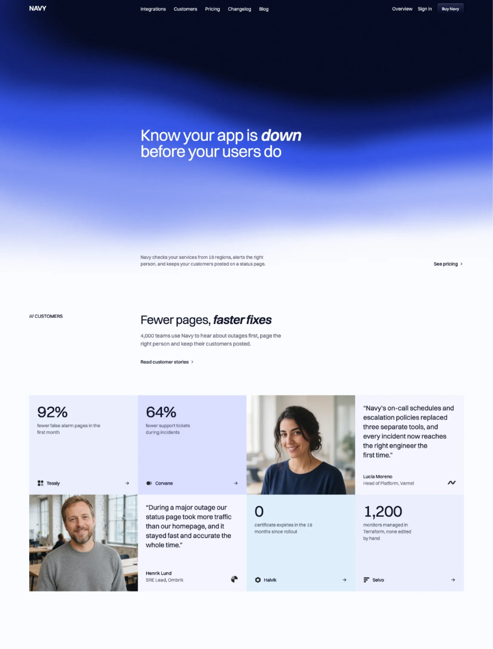 Navy home with the headline Know your app is down before your users do over the navy gradient shader, and customer results in tinted cards with two testimonials