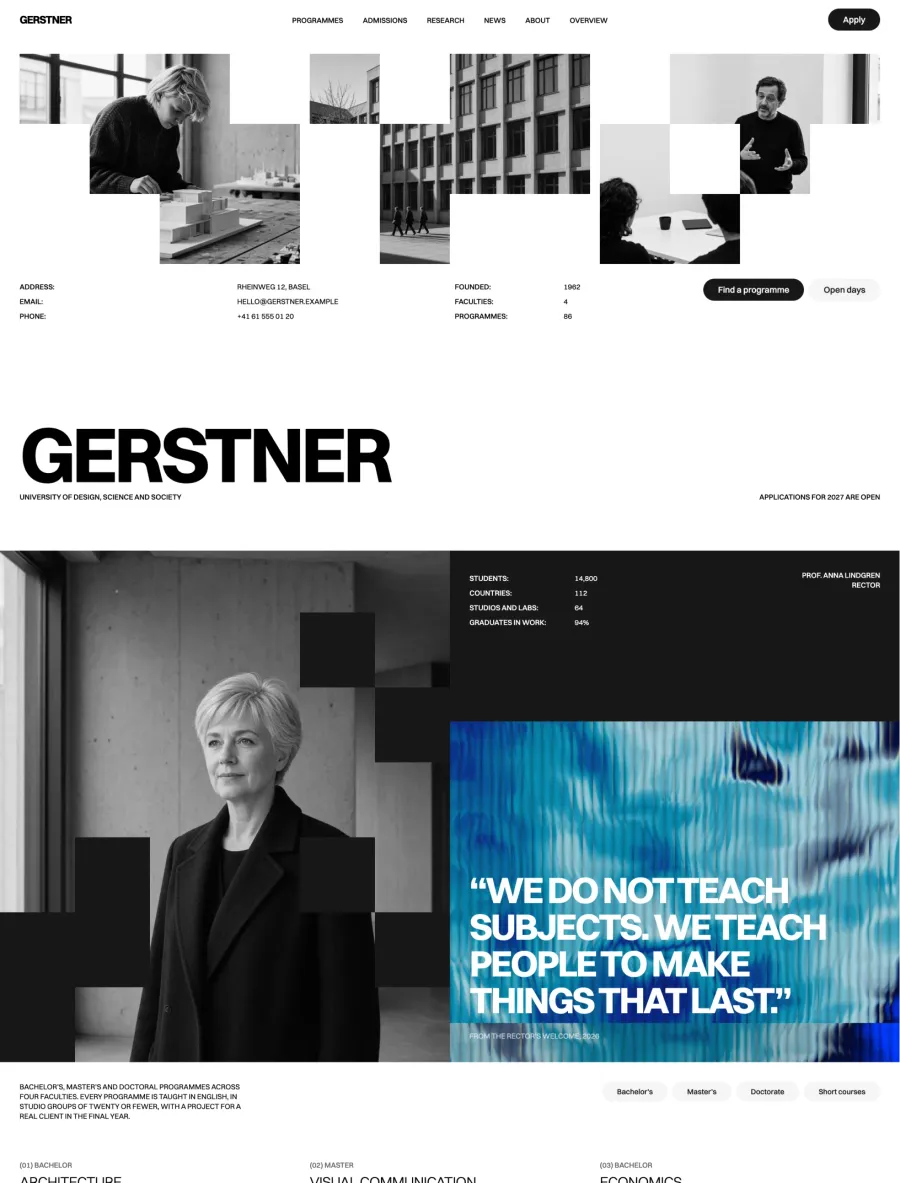 Gerstner university homepage with cut-out campus photos, the wordmark, the rector's portrait and a quote on a blue shader