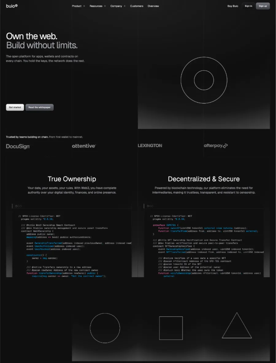 Buio home with Own the web, Build without limits beside a grey gradient panel with concentric circles, the logo cloud, and two code windows for true ownership and decentralized security