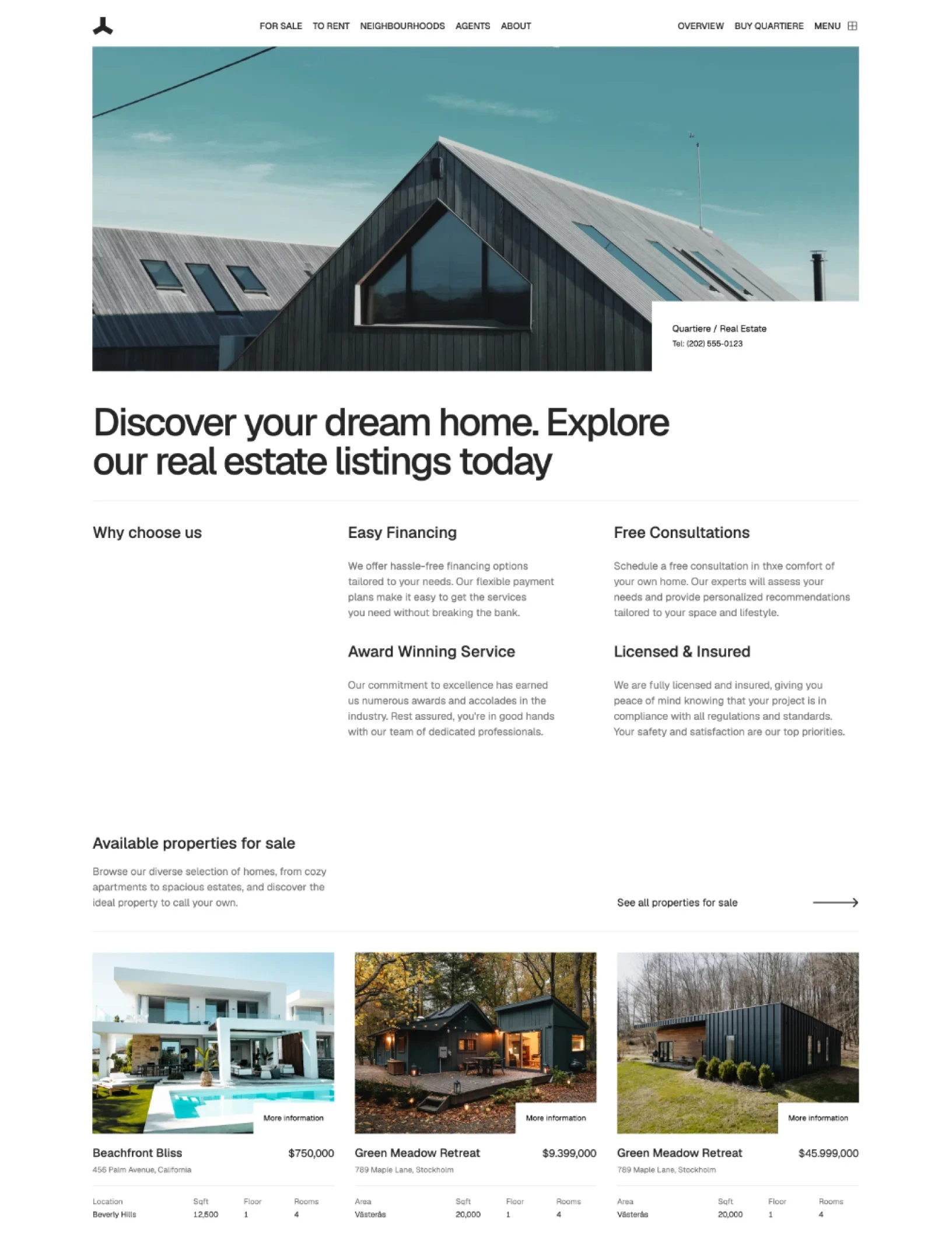 Quartiere home with a photo of a dark timber house under a teal sky, the headline Discover your dream home, four reasons to choose the agency and the first three homes for sale with price and facts