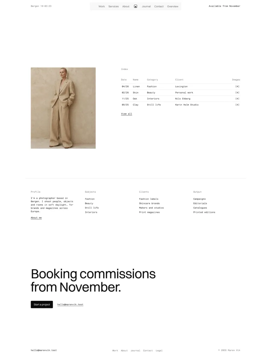 Semplice homepage index table with a photo preview, profile columns and a large booking line