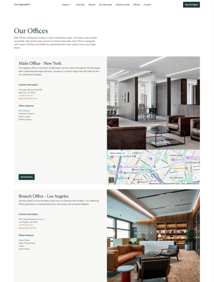 Carrington & Co offices page with New York and Los Angeles office photos, contact details and a map