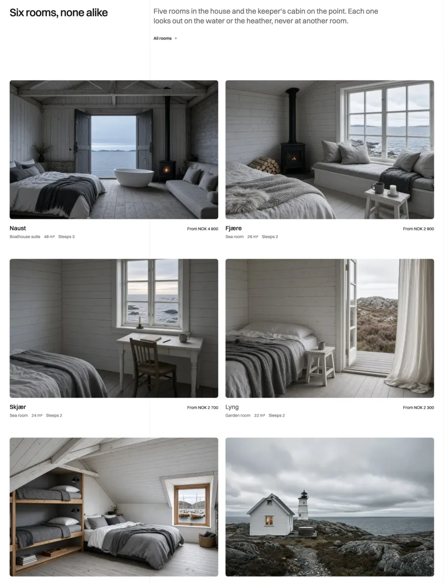 Lyngvær home page rooms grid with six photos of grey-washed timber rooms, each with its name, type, size and price
