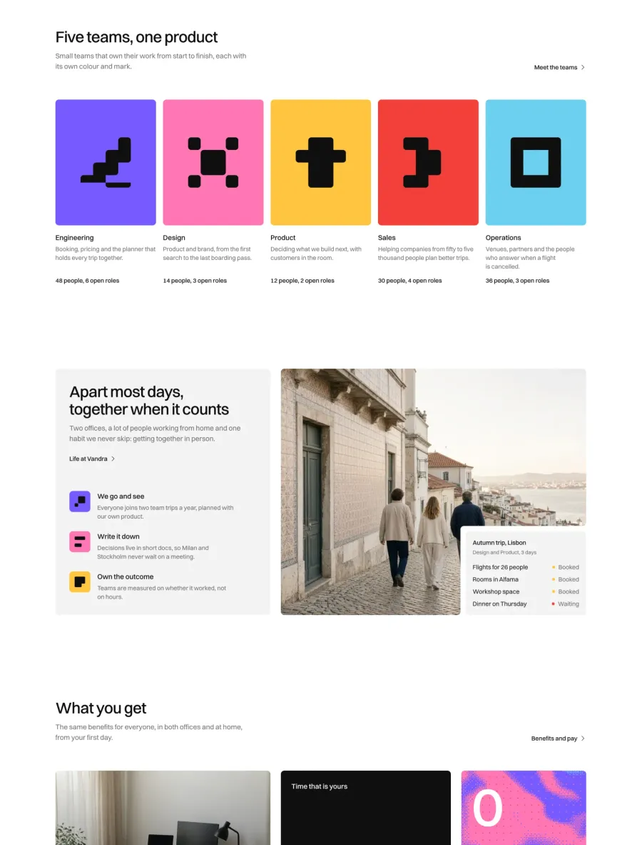 Vandra home with the five teams, each with its colour, mark and open roles, and life at the company with a photo from the Lisbon team trip and its booking card