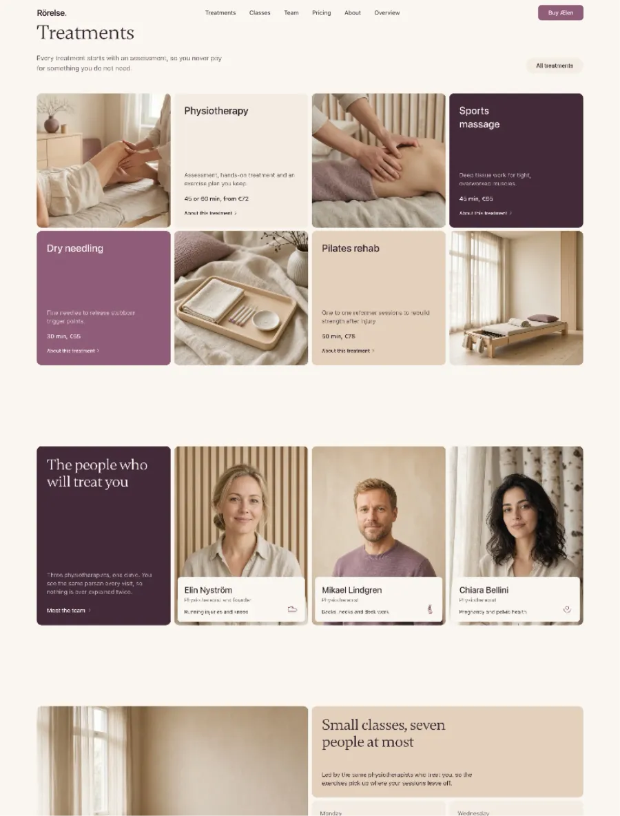 Rörelse home treatments in photo and colour tiles, the three physiotherapists with their focus on pinned cards, and the start of the small classes section