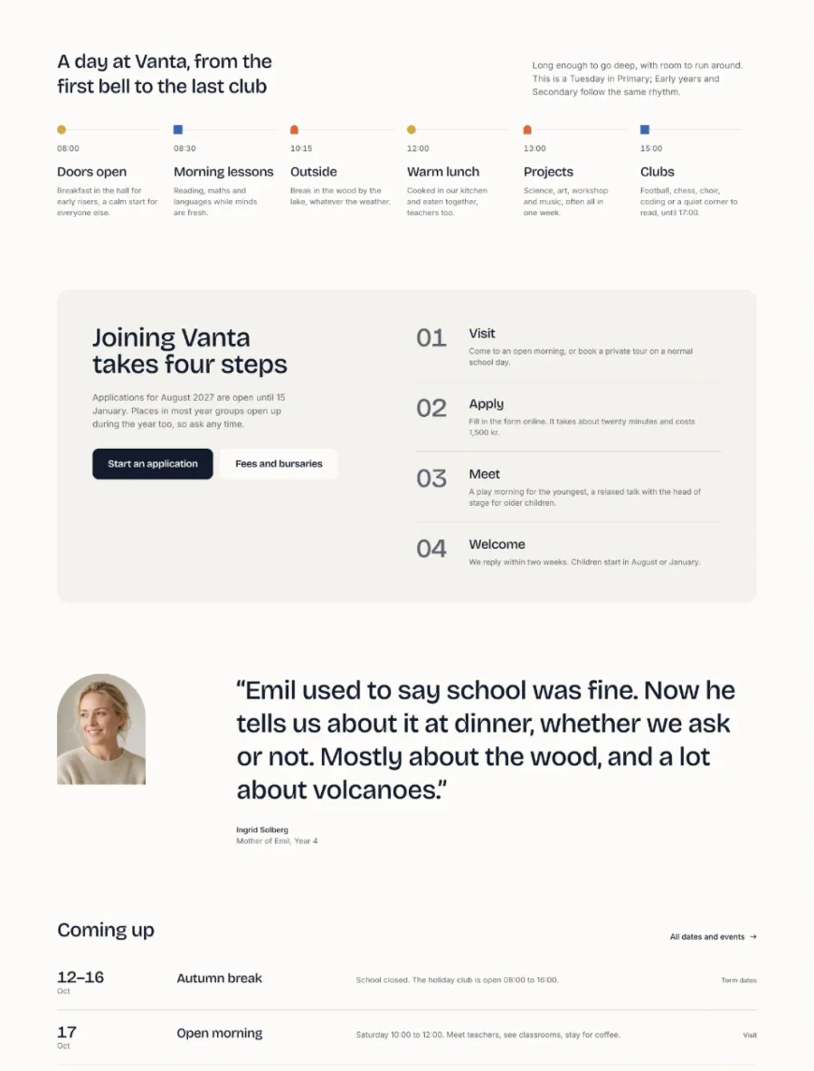 Vanta homepage with a day at school timeline, the four admissions steps and a parent quote