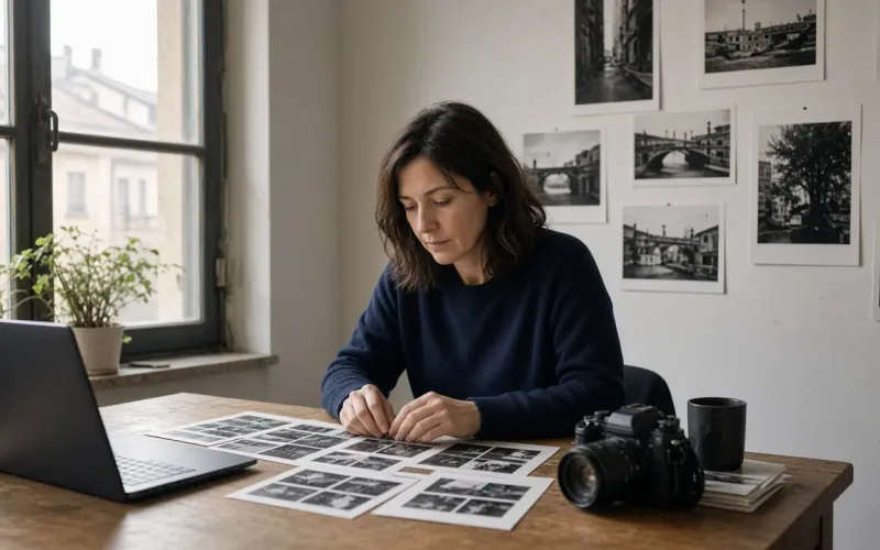 Giulia Romano sorting black and white contact prints at a desk by the window of her Milan studio