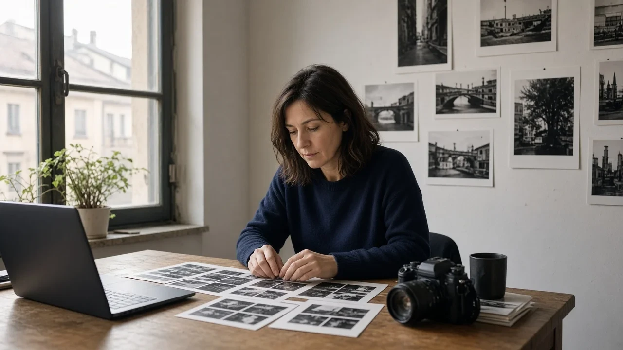 Giulia Romano sorting black and white contact prints at a desk by the window of her Milan studio