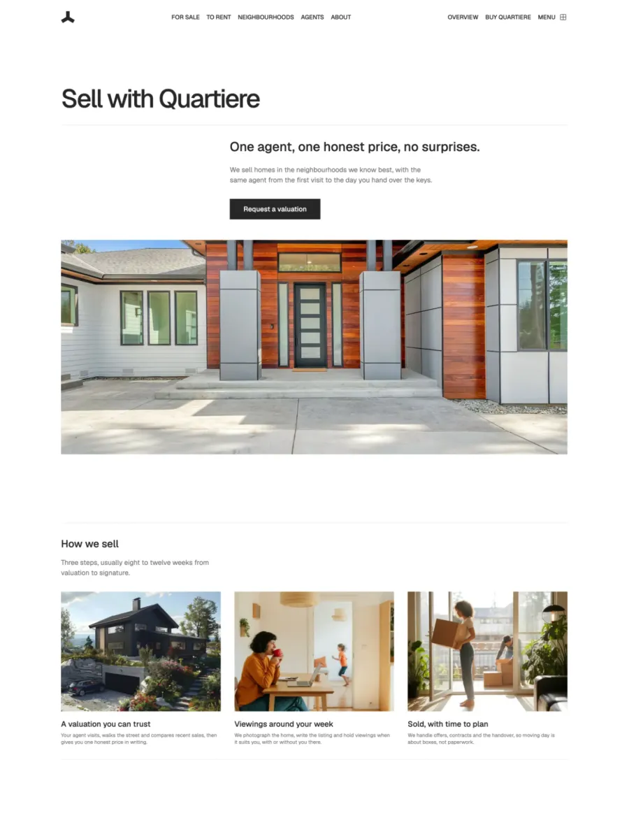 Quartiere sell page with One agent, one honest price, a Request a valuation button, a wide photo of a timber front door and How we sell in three steps