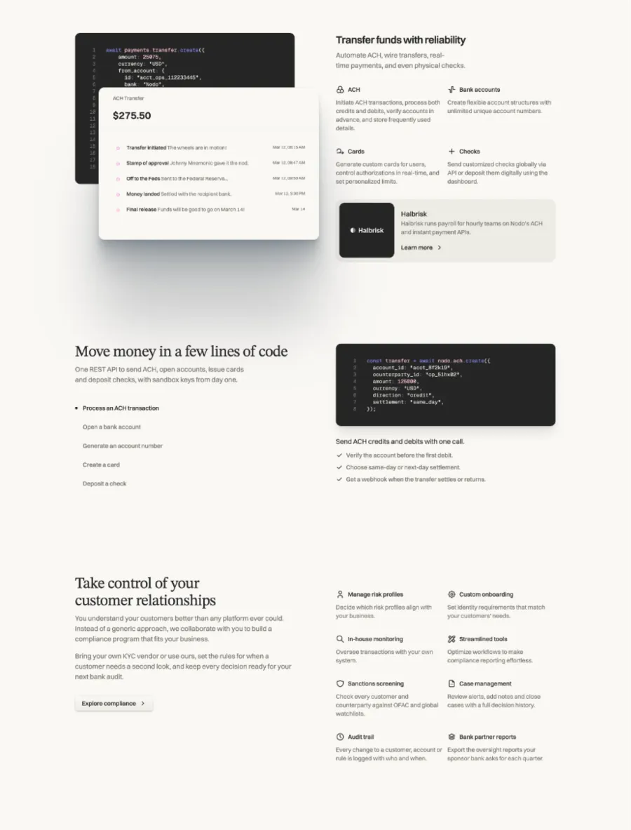 Nodo homepage sections with a transfer timeline, payment features and a code walkthrough