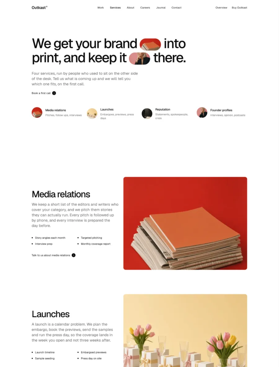 Outkast services page with a We get your brand into print headline, four service links with round thumbnails and the media relations and launches rows