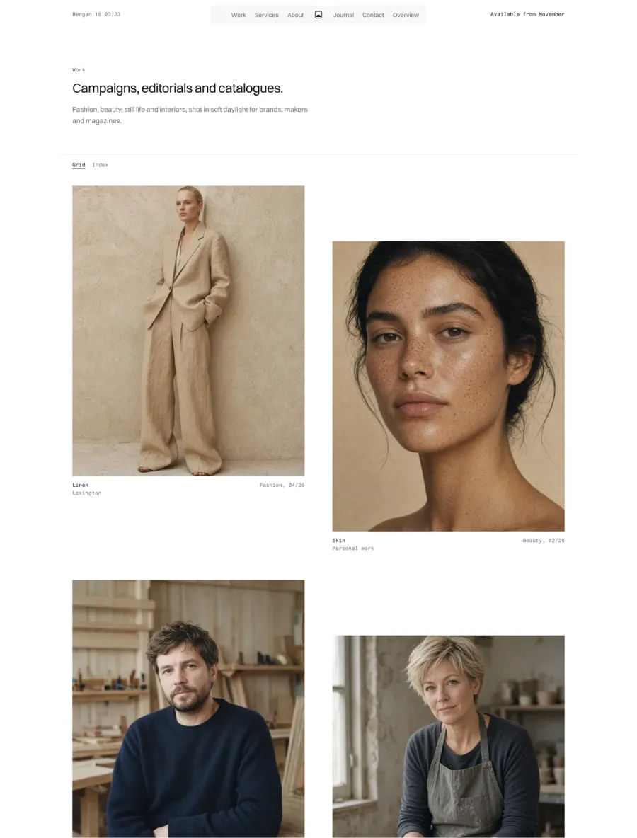 Semplice work page with a grid and index toggle and projects in a staggered two-column grid