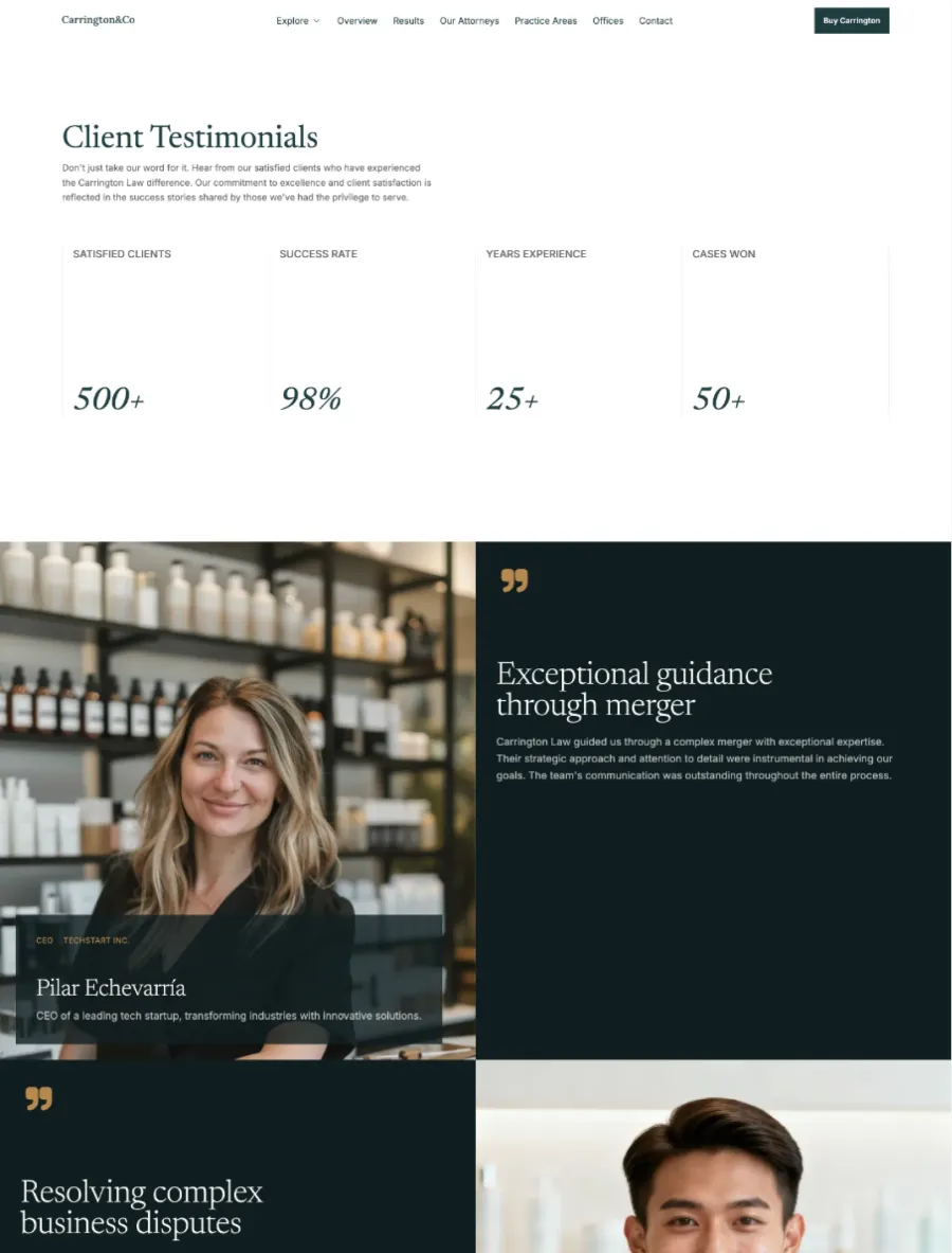 Carrington & Co client testimonials with italic stats and portrait stories on dark teal panels