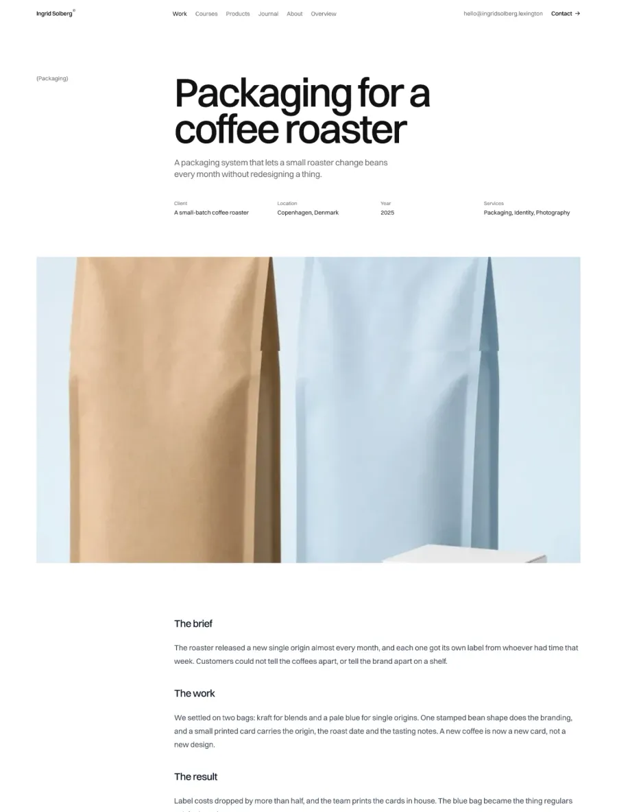 Ingrid Solberg case study for coffee packaging with client details, a wide photo and the brief