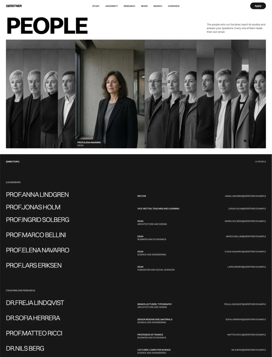Gerstner people page with a strip of staff portraits and a dark directory of leadership and teaching staff