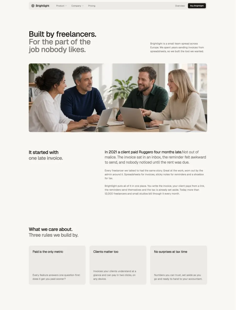 Brightlight about page with the team around a table, the story of a late invoice and three values
