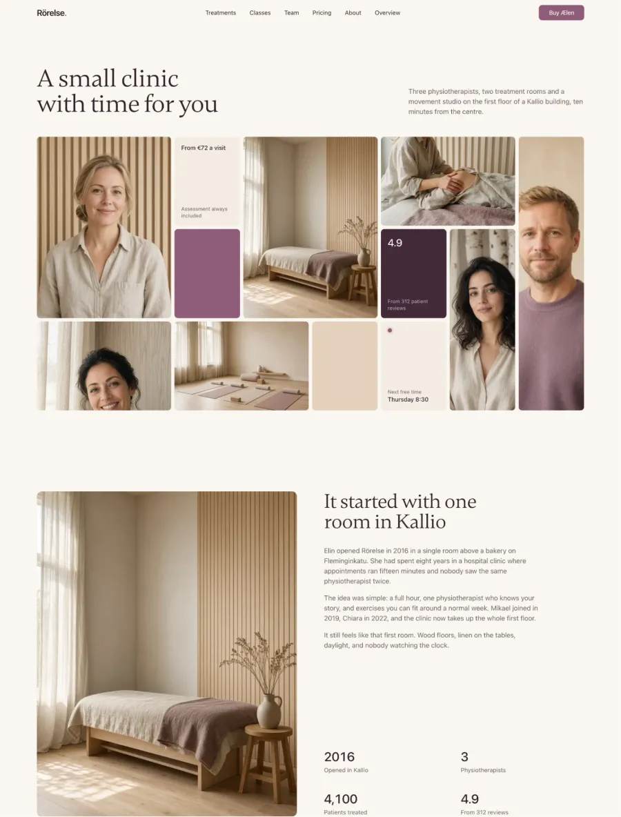 Rörelse about page with A small clinic with time for you over a mosaic of portraits, rooms and stats, and the clinic story with years, physiotherapists and reviews