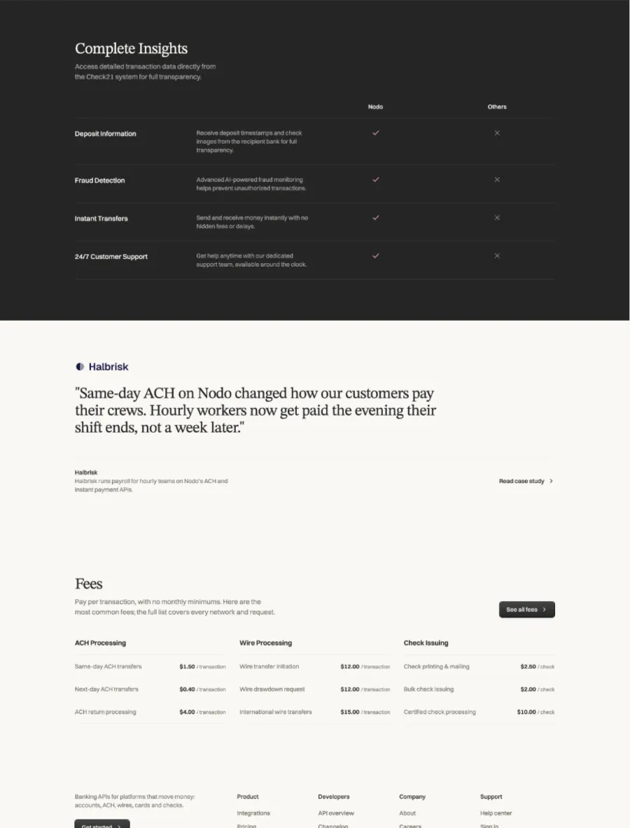 Nodo dark comparison table, customer quote and fees overview
