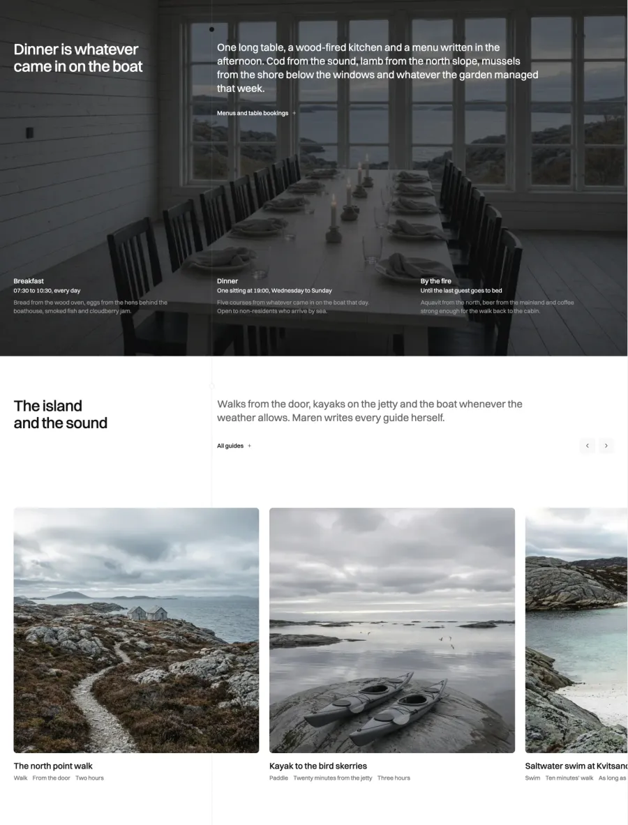 Lyngvær home page restaurant band over the long dinner table by the windows, with breakfast, dinner and fireside hours, above a sideways scroll of island walks