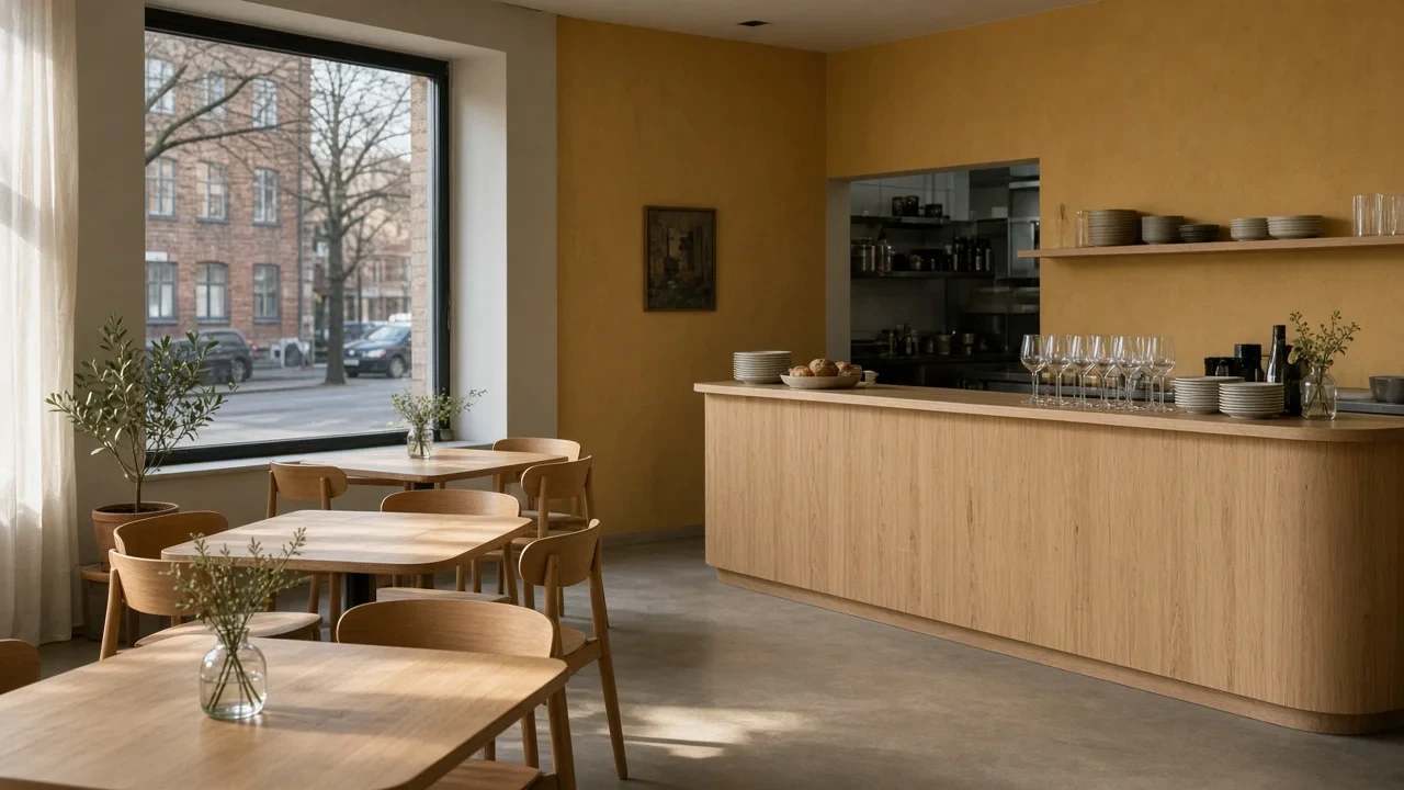 The empty Ottis dining room in the morning, with beech tables, an ochre wall and a long birch counter