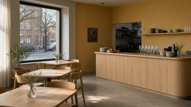 The empty Ottis dining room in the morning, with beech tables, an ochre wall and a long birch counter