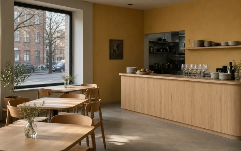 The empty Ottis dining room in the morning, with beech tables, an ochre wall and a long birch counter